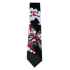 Hallmark Santa on Motorcycle Mens BORN TO BE‎ MERRY Neck Tie Christmas